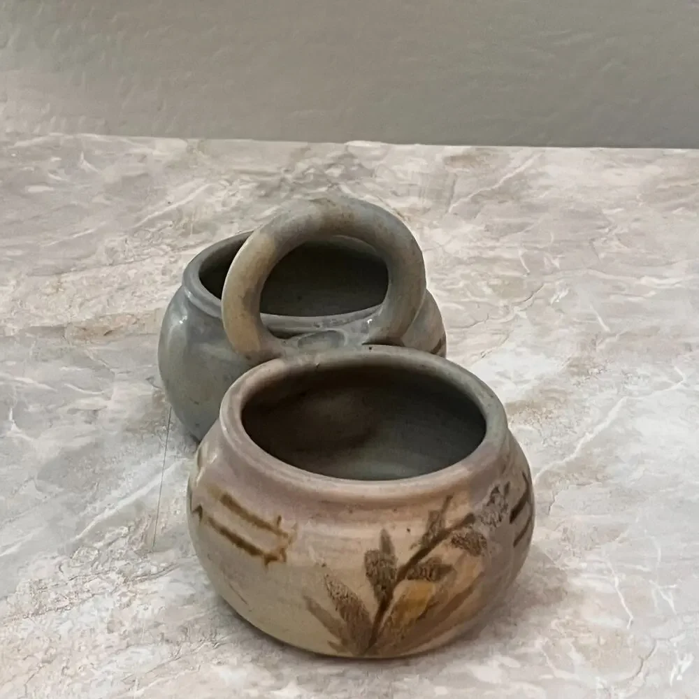 Studio Art Pottery Two Bowl Condiment Dish With Handle Stoneware Muted Colors